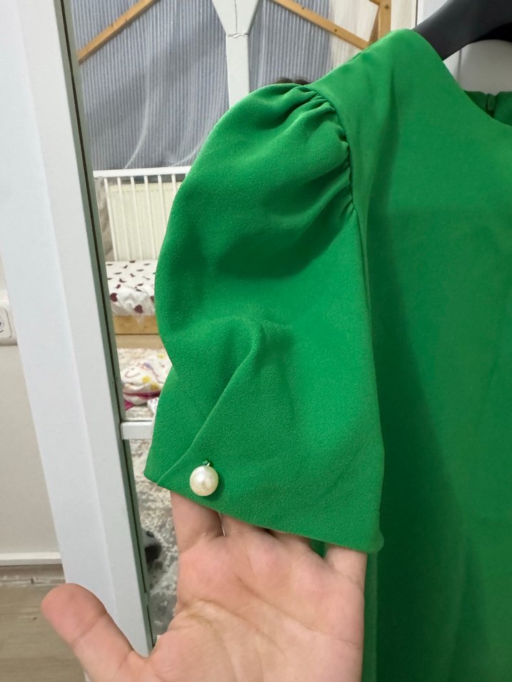 Yeşil Midi Kısa Kollu Salaş Elbise - Görsel 4