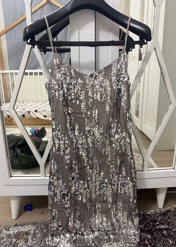 İşlemeli Gri Uzun Abiye Elbise - Görsel 4