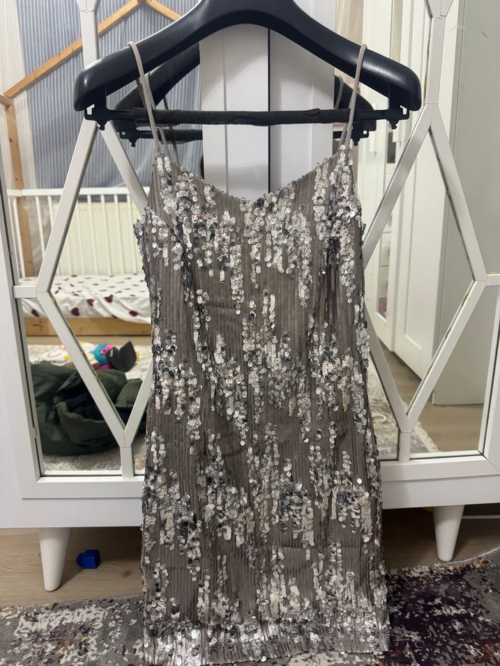 İşlemeli Gri Uzun Abiye Elbise - Görsel 4