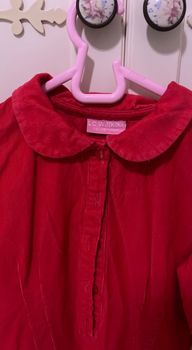 Kız Çocuk Koyu Kırmızı Düğmeli Elbise - Görsel 5