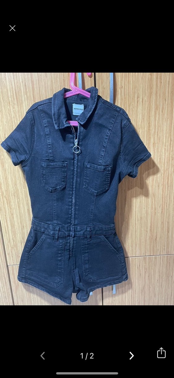 Siyah Denim Kısa Tulum, Fermuarlı, Yaka Detaylı - Görsel 2