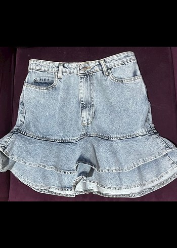 Volanlı fırfırlı Gri Mavi Kısa Denim etek