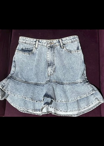 Bershka Volanlı fırfırlı Gri Mavi Kısa Denim etek