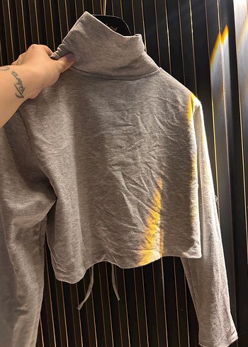 s Beden Gri ip Detaylı Yüksek Yakalı Sweatshirt