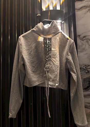 Diğer Gri ip Detaylı Yüksek Yakalı Sweatshirt