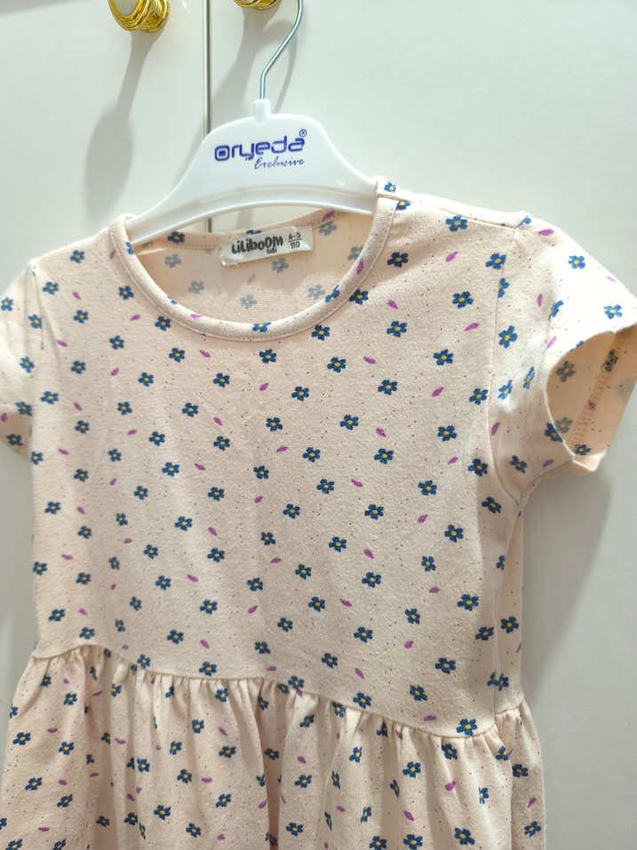 Kız Çocuk Pamuklu Çiçekli Kısa Kollu Elbise - Görsel 3