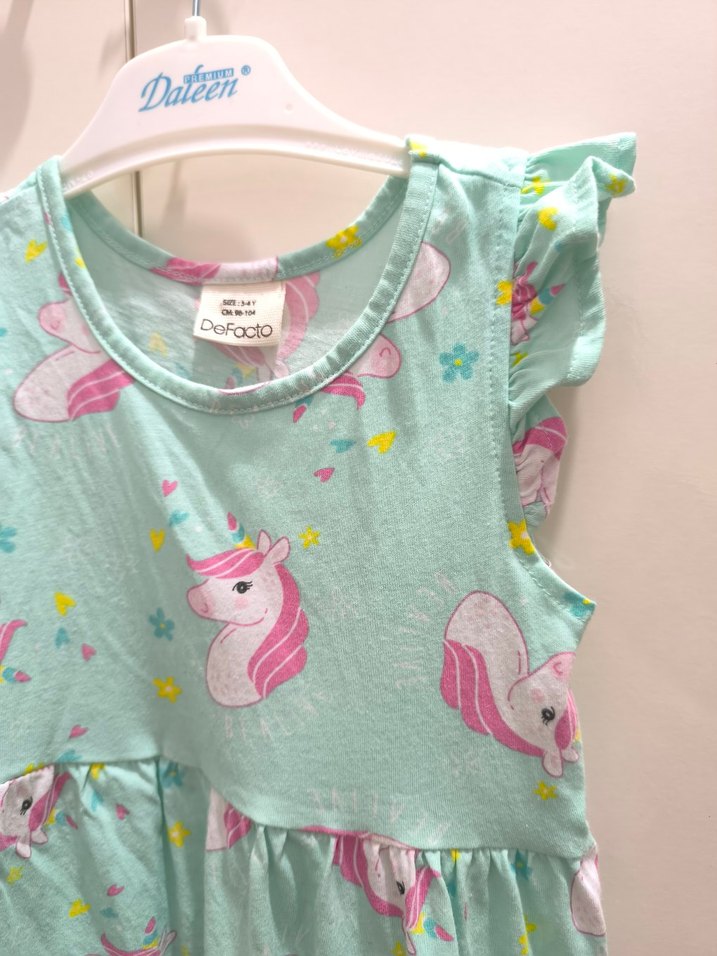 Kız Çocuk Turkuaz Unicorn Baskılı Fırfırlı Elbise - Görsel 2