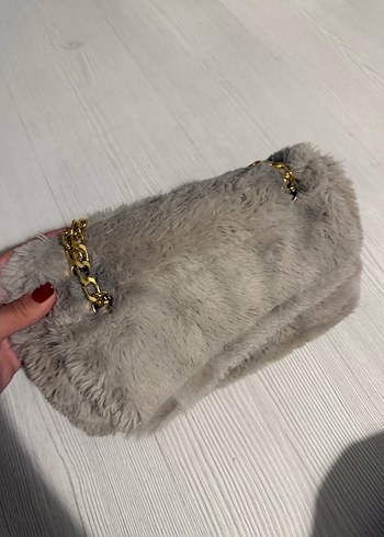 Beden camel Renk Gri Suni Kürklü Zincir Askılı Kadın Çanta