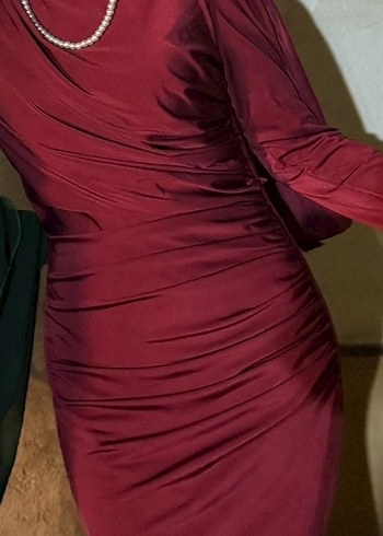 Bordo Uzun Kollu Drapeli Abiye Elbise - Görsel 6