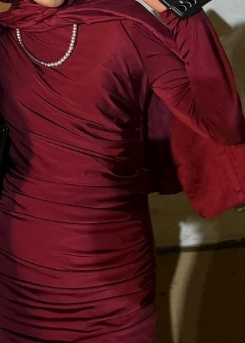 Bordo Uzun Kollu Drapeli Abiye Elbise - Görsel 3