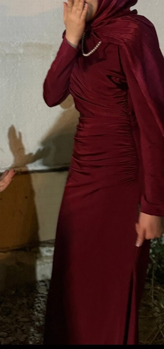 Bordo Uzun Kollu Drapeli Abiye Elbise - Görsel 5