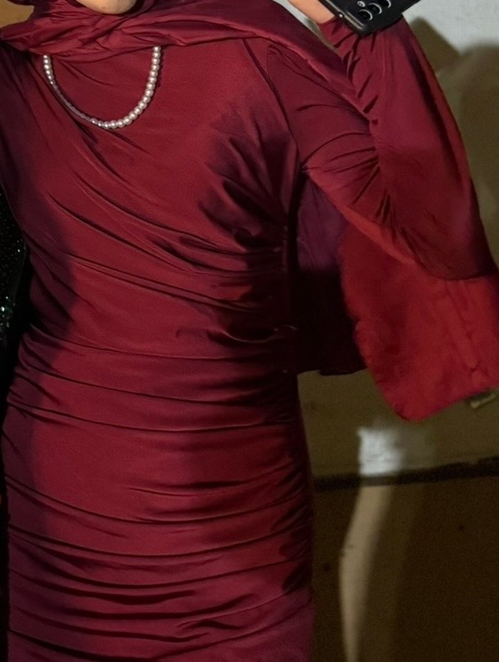 Bordo Uzun Kollu Drapeli Abiye Elbise - Görsel 3