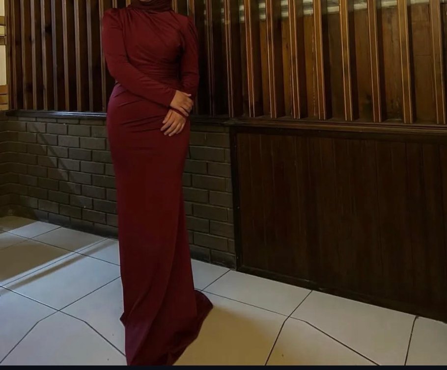 Bordo Uzun Kollu Drapeli Abiye Elbise - Görsel 2