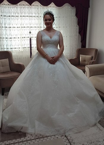 V Yaka Kolsuz A Kesim Beyaz Gelinlik - Görsel 3