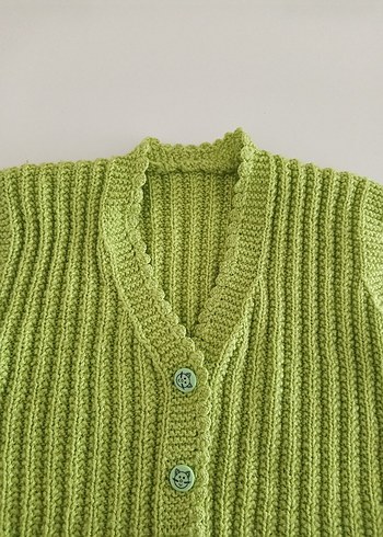 Kız Çocuk Düğmeli V Yaka Yeşil el örgüsü Yelek - Görsel 3