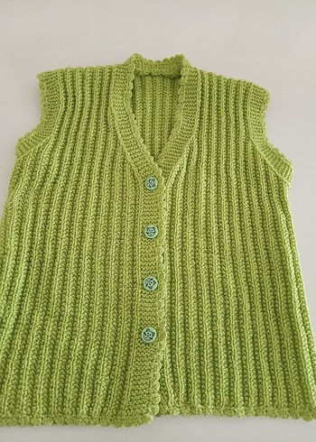 Kız Çocuk Düğmeli V Yaka Yeşil el örgüsü Yelek - Görsel 2