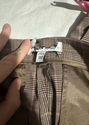38 Beden Düğmeli Kahverengi Kareli Kadın Kumaş Pantolon