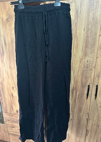 Siyah Bol Kesim Keten Kadın Pantolon - Görsel 2