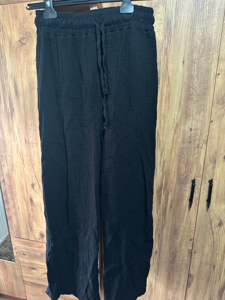 Siyah Bol Kesim Keten Kadın Pantolon - Görsel 2