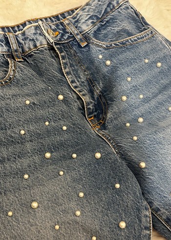 Zara Mavi İnci İşlemeli Kadın Kot Pantolon