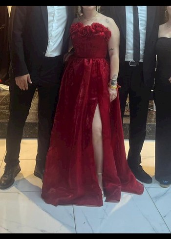 Diğer Kırmızı Straplez yırtmaçlı Maxi kına Elbisesi