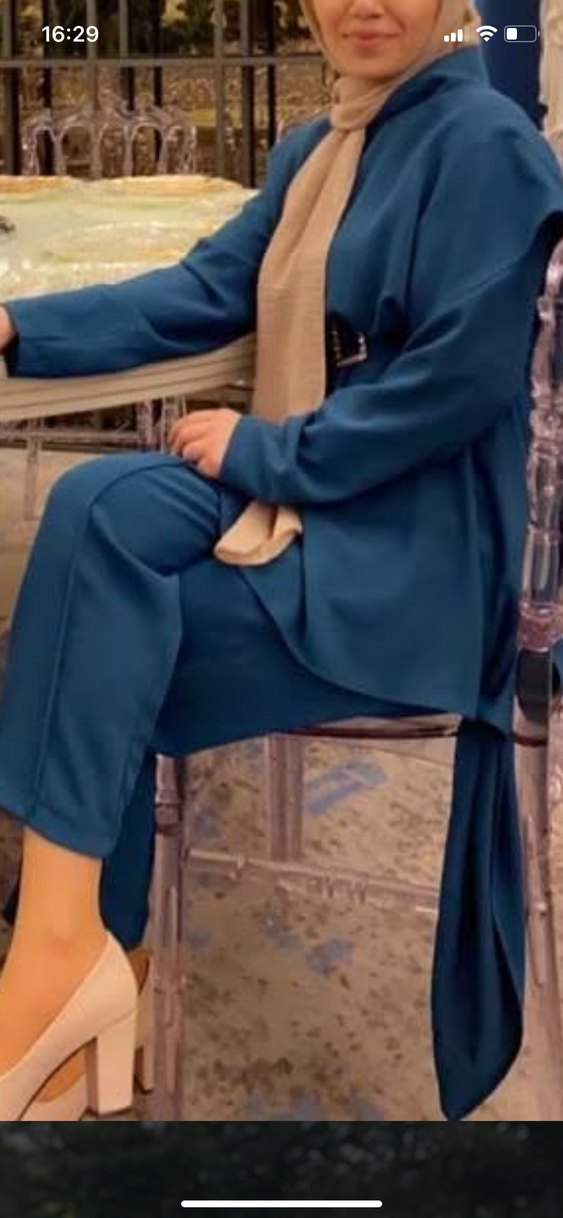 Kemerli Uzun Mavi Kadın Takım Elbise - Görsel 2