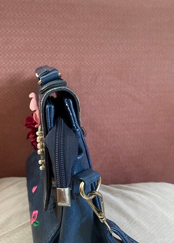 Nakışlı Mavi Deri Bohem Kadın Çanta - Görsel 5