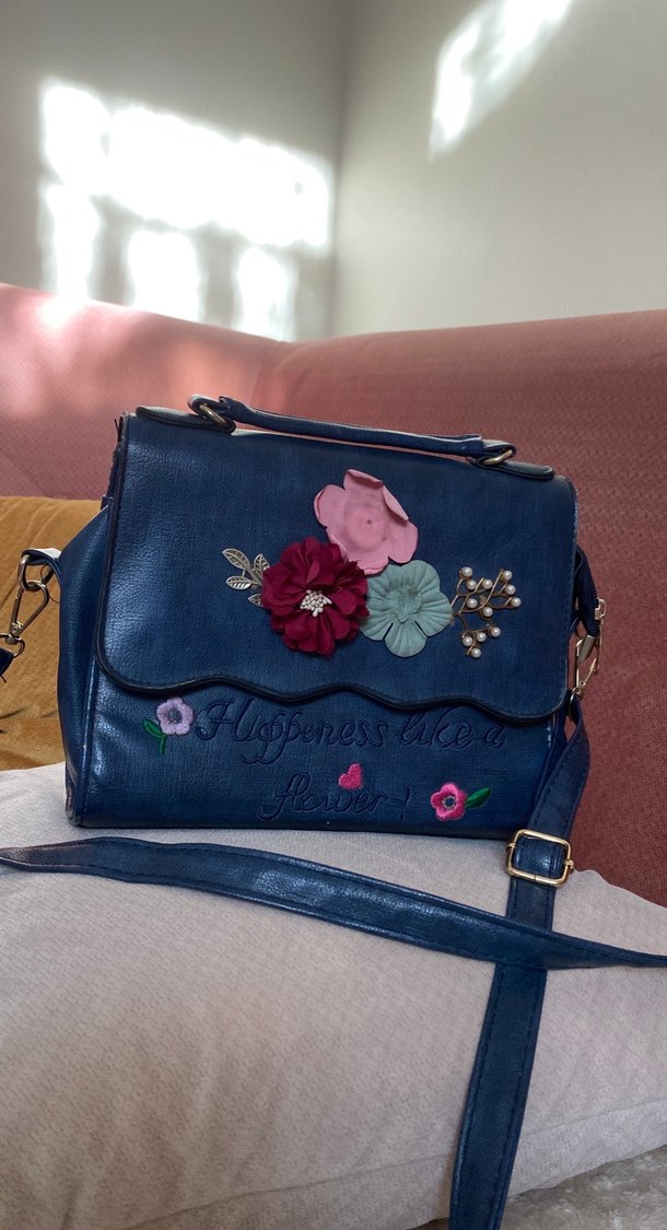 Nakışlı Mavi Deri Bohem Kadın Çanta - Görsel 2