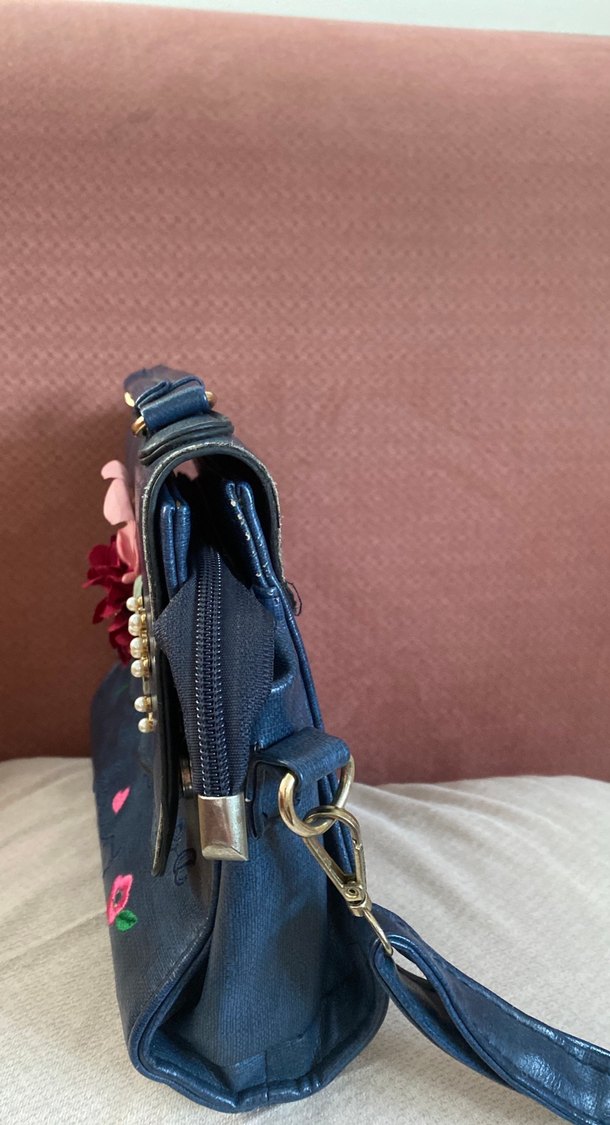 Nakışlı Mavi Deri Bohem Kadın Çanta - Görsel 5