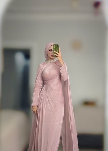 Pembe Drapeli Uzun Abiye Elbise