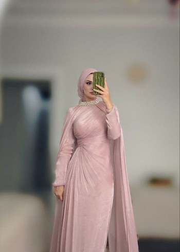 Pembe Drapeli Uzun Abiye Elbise