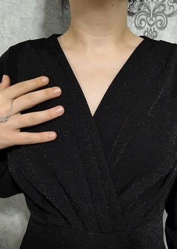 xl Beden siyah Renk Siyah V Yaka Uzun Kollu Midi Elbise