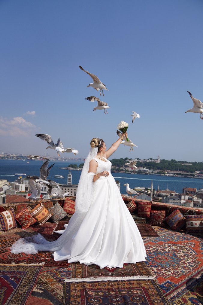 V Yaka Beyaz A Kesim Uzun Gelinlik - Görsel 3