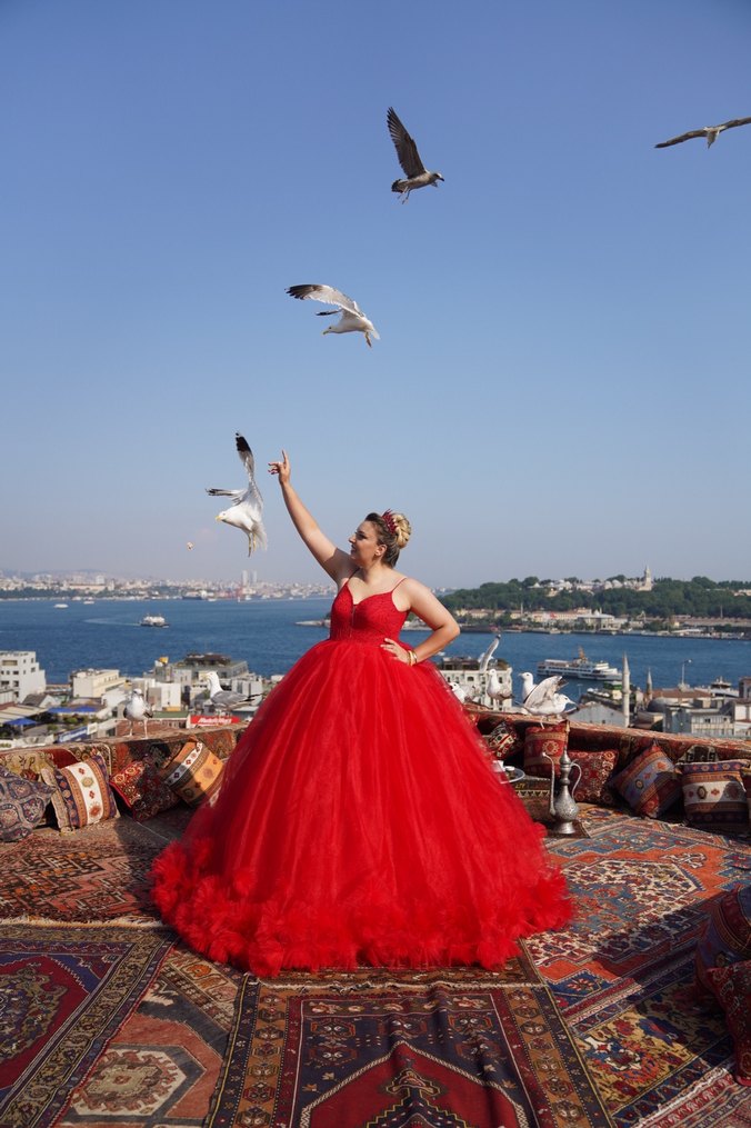 Kırmızı Uzun Kayık Yaka Kadın Abiye - Görsel 5