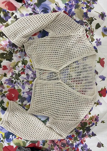 Örgü Bohem Kadın hırka  bej krem - Görsel 3