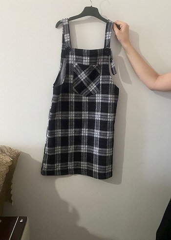 Ekose Desenli Gri Askılı Midi Tulum elbise - Görsel 2