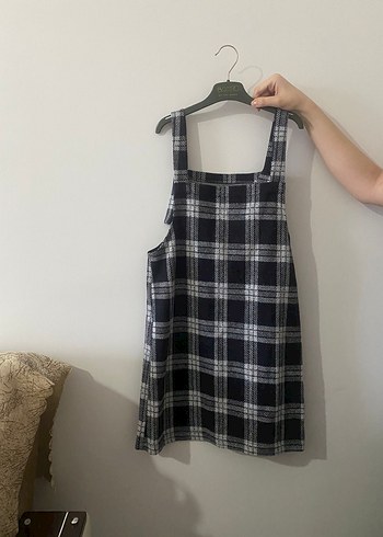 Ekose Desenli Gri Askılı Midi Tulum elbise - Görsel 3