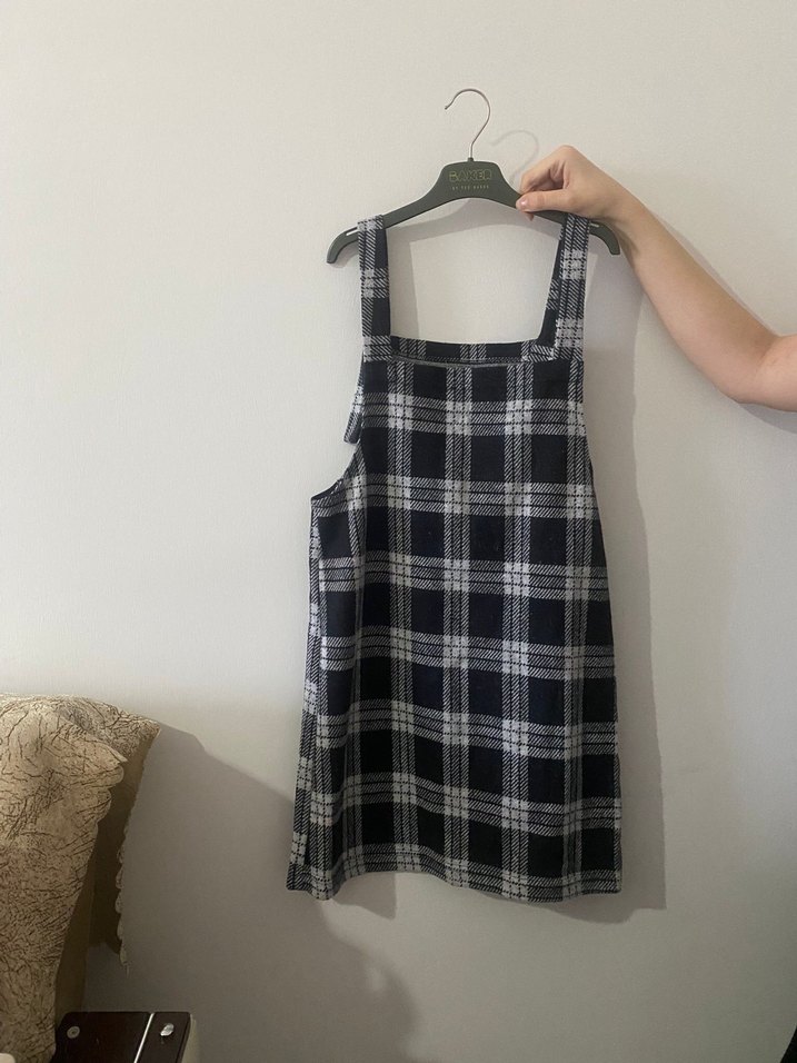 Ekose Desenli Gri Askılı Midi Tulum elbise - Görsel 3