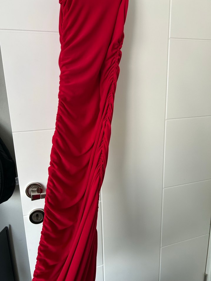 Kırmızı Drapeli Uzun Kadın Abiye Elbise - Görsel 2