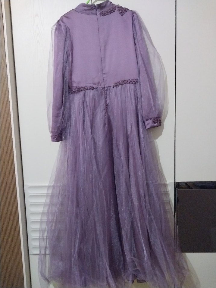 Uzun Kollu Mor Vintage Abiye  yanında şifon mor şal hediye - Görsel 2