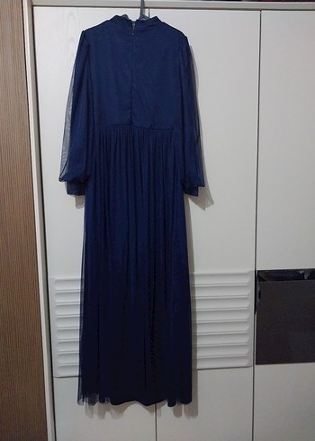 Navy Uzun Kollu Piliseli Kadın Elbise yanında  şifon şal hediye - Görsel 2