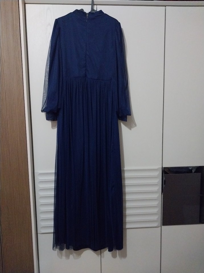 Navy Uzun Kollu Piliseli Kadın Elbise yanında  şifon şal hediye - Görsel 2