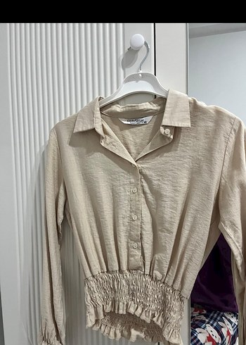 H&M Düğmeli Keten Bej Mini Gömlek