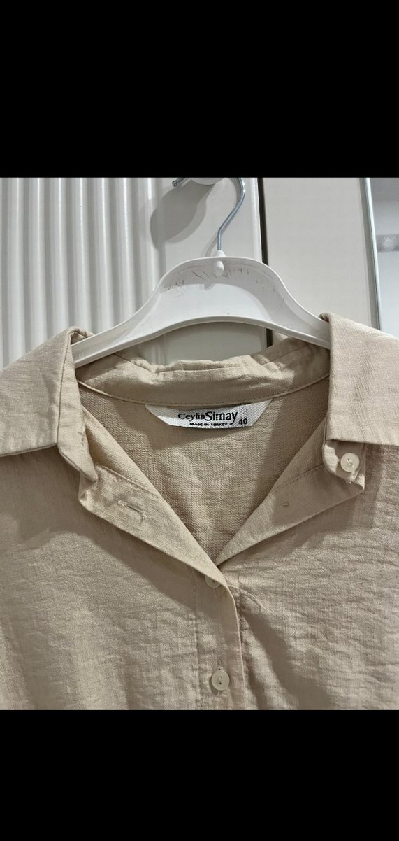 Düğmeli Keten Bej Mini Gömlek - Görsel 3