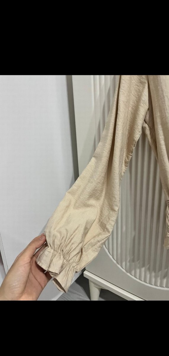 Düğmeli Keten Bej Mini Gömlek - Görsel 4