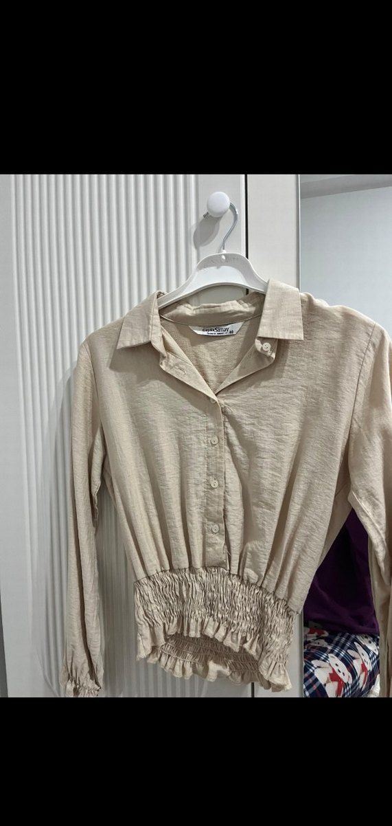 Düğmeli Keten Bej Mini Gömlek - Görsel 2