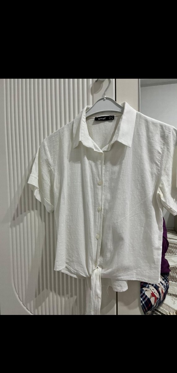 Kısa Kollu Beyaz Keten Gömlek - Görsel 3