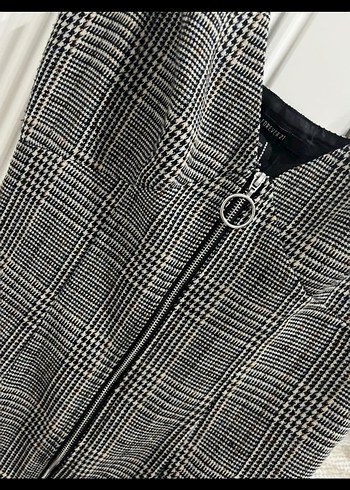 Gri Kareli V Yaka Fermuarlı Elbise - Görsel 3