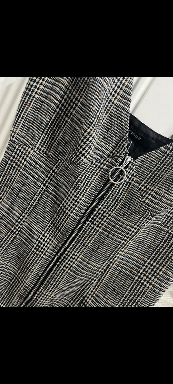 Gri Kareli V Yaka Fermuarlı Elbise - Görsel 3