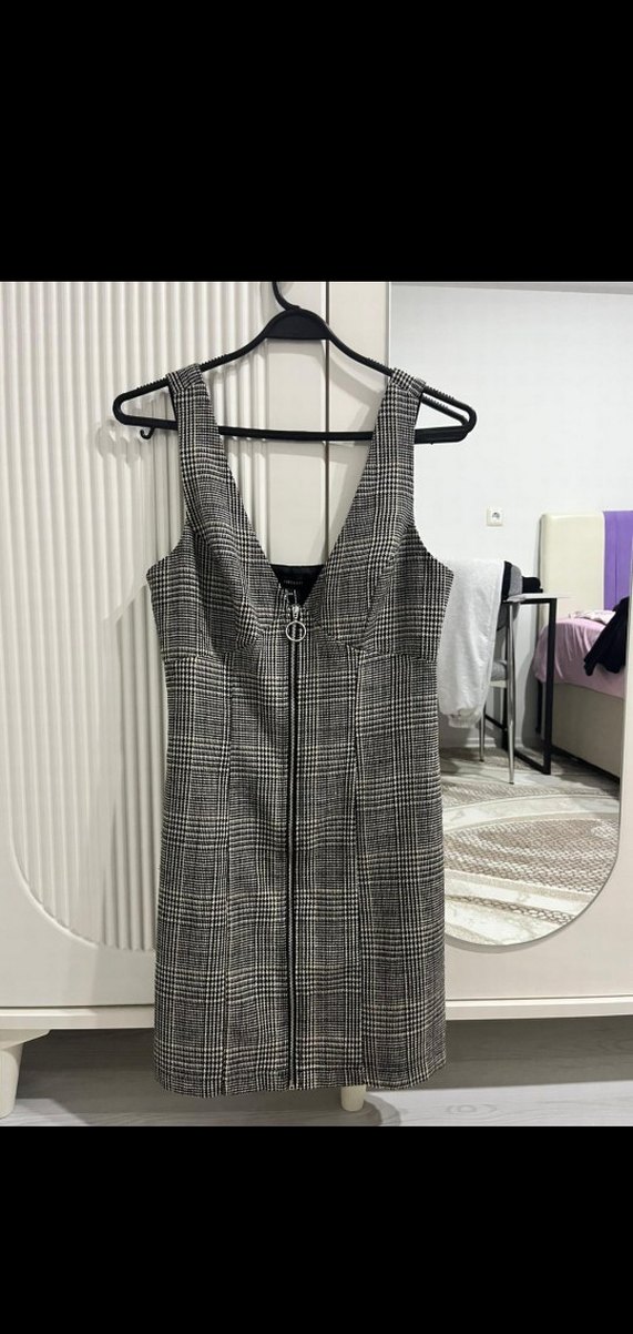 Gri Kareli V Yaka Fermuarlı Elbise - Görsel 4